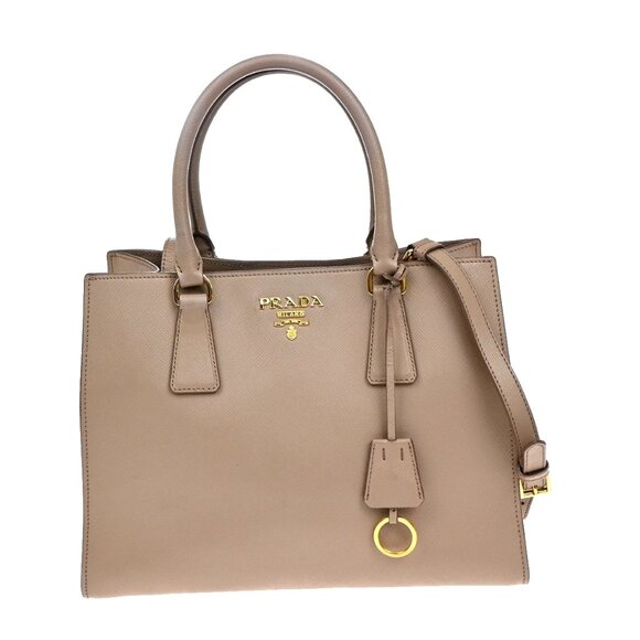 PRADA Logo Saffiano 2Way Shoulder Hand Tote Bag Leather Beige GHW 18FB970 - Picture 1 of 16